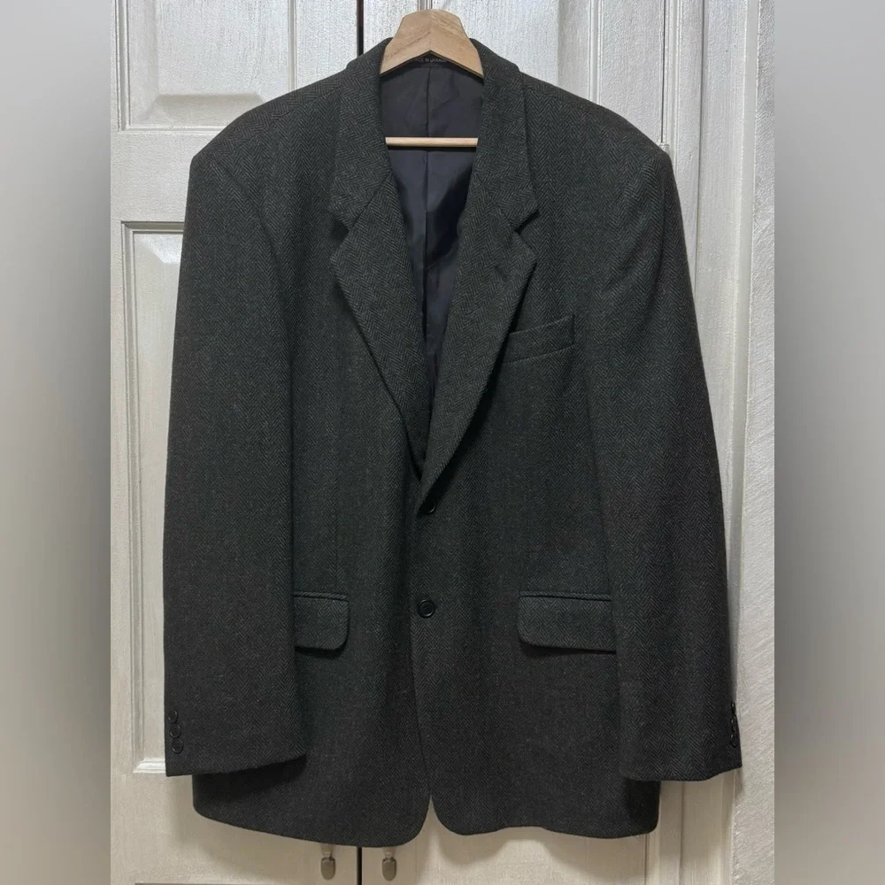 Oleg Cassini Men’s 42R Dark Green Herringbone Sport Coat Wool Tweed Blazer